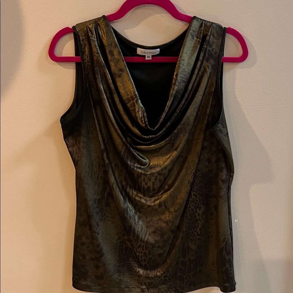 Calvin Klein Metallic Bronze/Charcoal Cowl Neck Sleeveless Blouse Size Medium